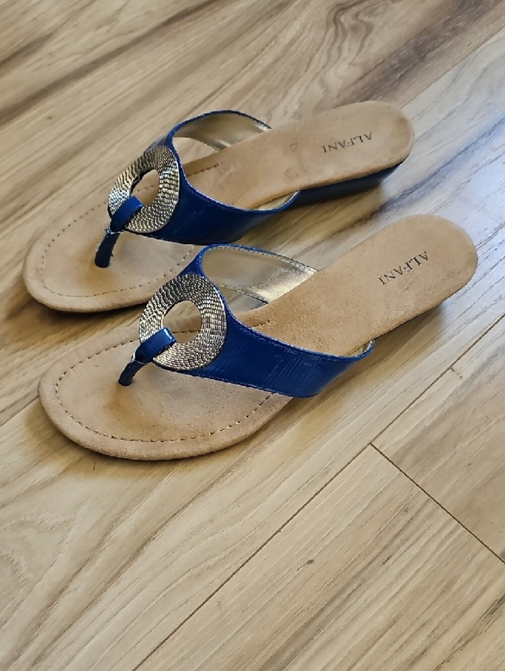 Alfani Women's Navy Blue Thong Sandals with Gold Medallion Size 8.5 - Picture 3 of 7
